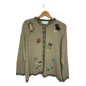 Susan Bristol Vtg 1X Silk Green Hand-Embroidered Cardigan Sweater Floral, Nest
